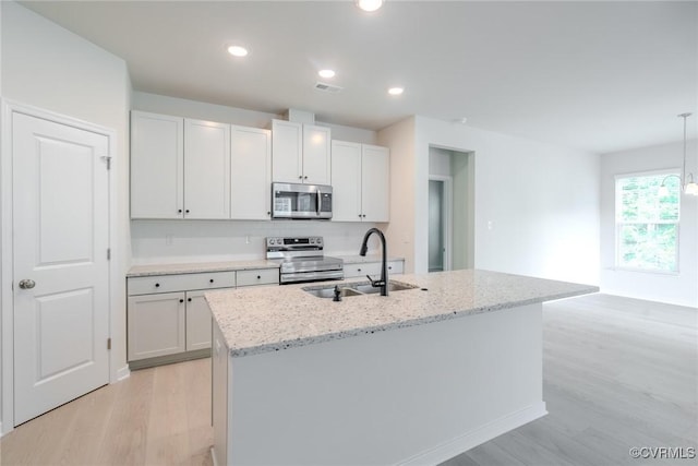 kitchen featuring sink, a center island with sink, white cabinets, and appliances with stainless steel finishes