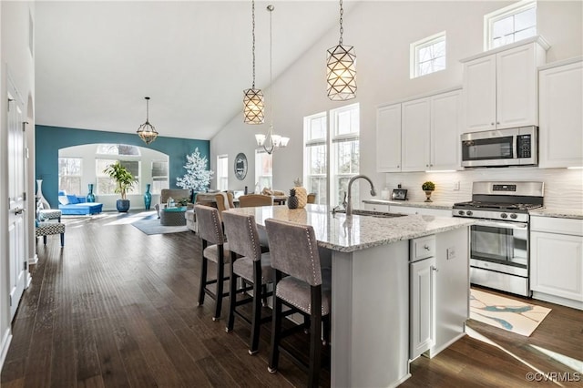 kitchen featuring stainless steel appliances, a kitchen island with sink, sink, and white cabinets