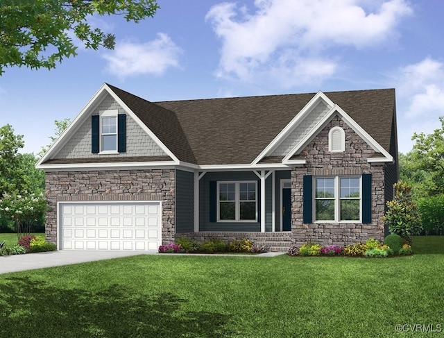 craftsman-style house featuring a garage and a front lawn