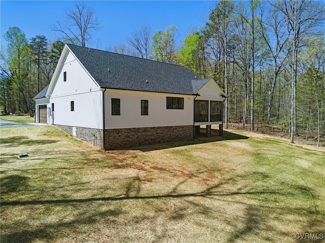 2280 Hensley Rd, Mineral, VA 23117 - view of side of home with a shingled roof, a yard, and a sunroom