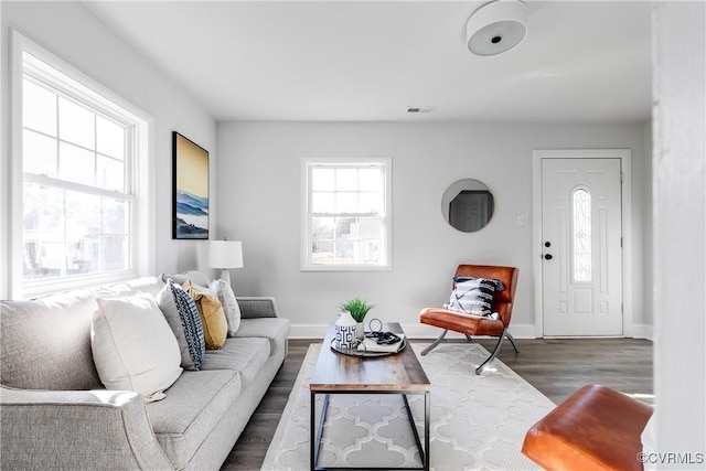 living room featuring a healthy amount of sunlight and dark hardwood / wood-style flooring