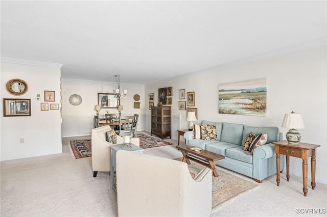 carpeted living room with crown molding and a chandelier