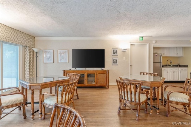 dining space featuring sink, ornamental molding, a textured ceiling, and light wood-type flooring