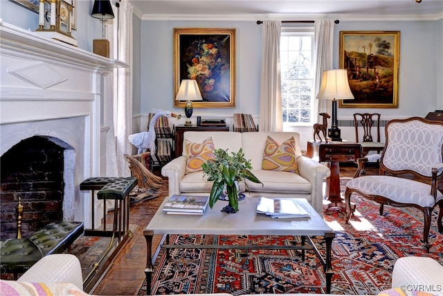 living room with crown molding