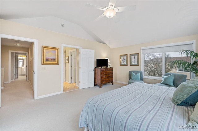 bedroom featuring ceiling fan, light colored carpet, and lofted ceiling