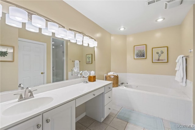 bathroom featuring vanity, tile patterned flooring, and independent shower and bath