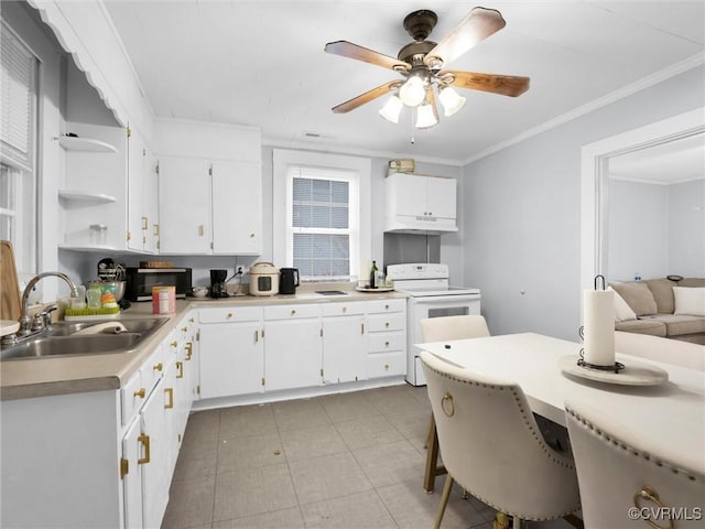 kitchen with sink, white cabinets, ceiling fan, white range with electric cooktop, and crown molding