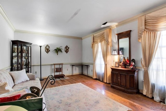 living room with crown molding and wood-type flooring