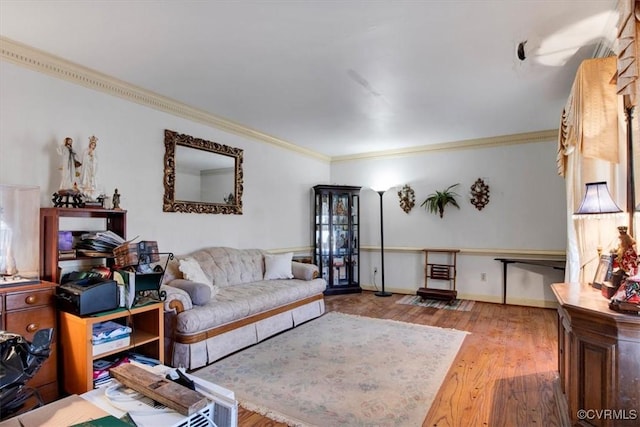 living room with ornamental molding and hardwood / wood-style floors