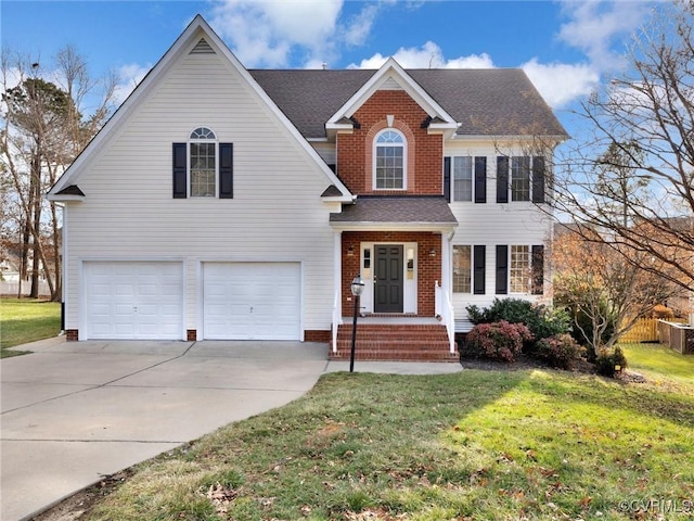 view of front of property featuring a garage, a front yard, and central air condition unit