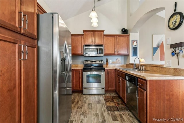 kitchen with dark wood-type flooring, lofted ceiling, sink, pendant lighting, and stainless steel appliances