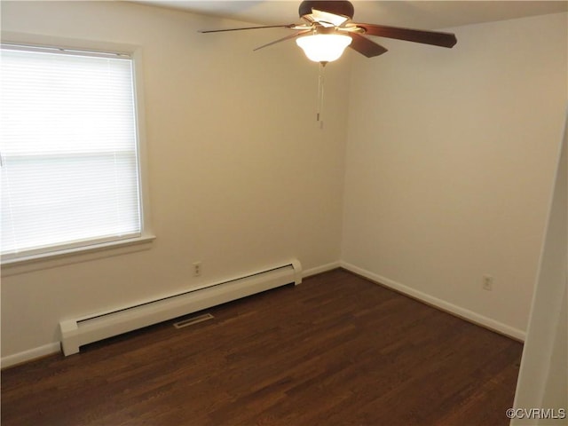 spare room featuring dark hardwood / wood-style flooring, ceiling fan, and baseboard heating