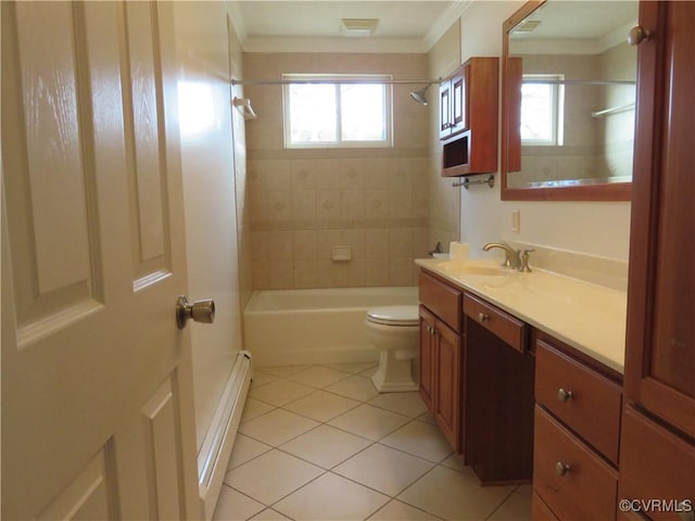 full bathroom featuring tile patterned floors, toilet, crown molding, a baseboard radiator, and vanity