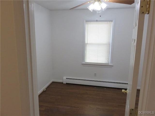 spare room featuring dark hardwood / wood-style flooring, ceiling fan, and baseboard heating