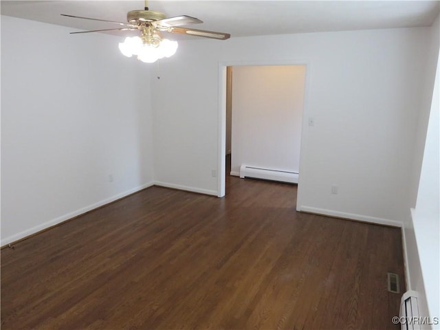 empty room with ceiling fan, dark wood-type flooring, and baseboard heating