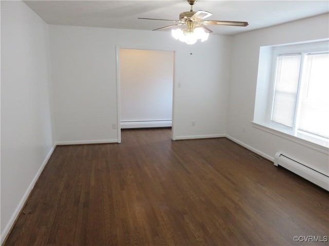 unfurnished room featuring a baseboard radiator, dark hardwood / wood-style floors, and ceiling fan