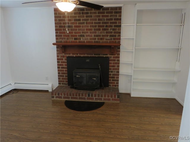 unfurnished living room featuring dark hardwood / wood-style flooring, a baseboard heating unit, and ceiling fan