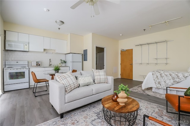 living room featuring sink, electric panel, ceiling fan, and light wood-type flooring