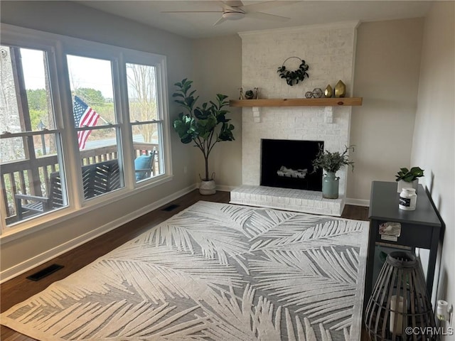 living room featuring hardwood / wood-style flooring, a fireplace, and ceiling fan