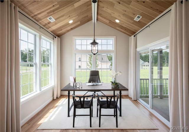 dining space featuring lofted ceiling, wood ceiling, plenty of natural light, and light hardwood / wood-style floors