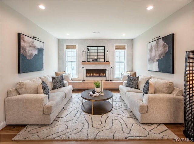 living room with wood-type flooring and a wealth of natural light