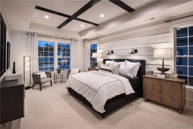 bedroom featuring coffered ceiling, light carpet, and beam ceiling