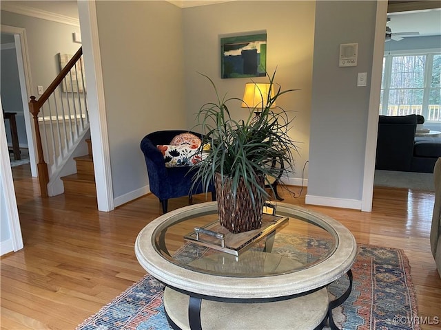 interior details featuring crown molding, wood-type flooring, and ceiling fan