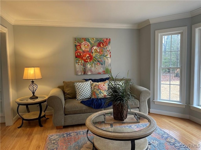 living room with crown molding and light hardwood / wood-style flooring