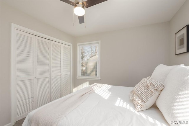 bedroom featuring ceiling fan and a closet