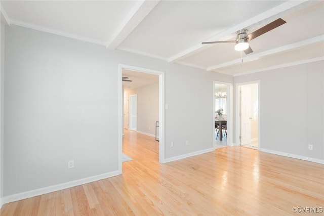 unfurnished room featuring beamed ceiling, ornamental molding, ceiling fan with notable chandelier, and light wood-type flooring