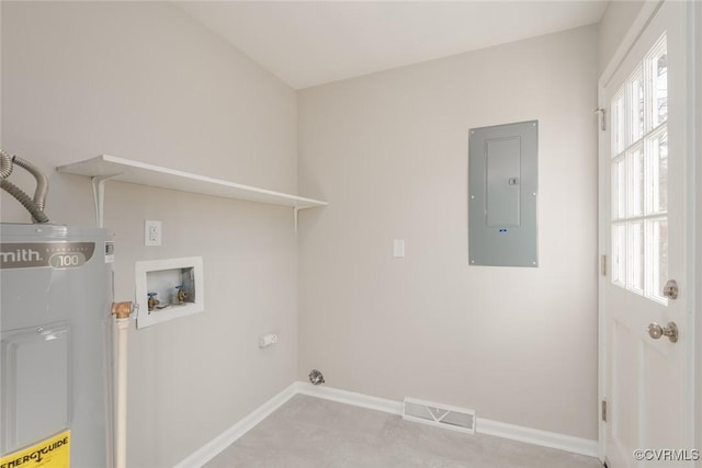 clothes washing area featuring washer hookup, electric panel, and electric water heater