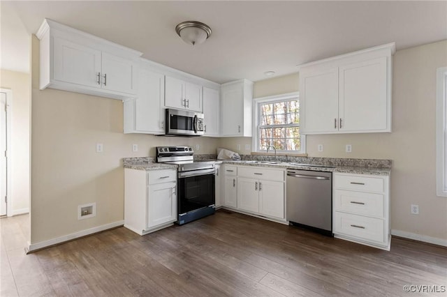 kitchen featuring white cabinetry, stainless steel appliances, dark hardwood / wood-style floors, and sink