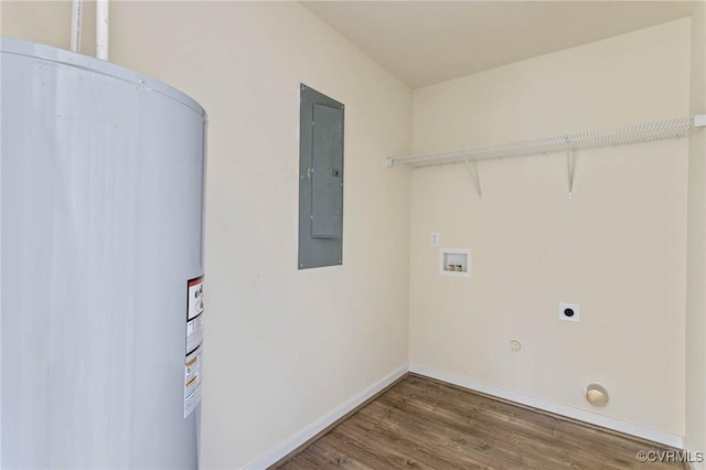 laundry area with hardwood / wood-style flooring, water heater, electric dryer hookup, hookup for a washing machine, and electric panel