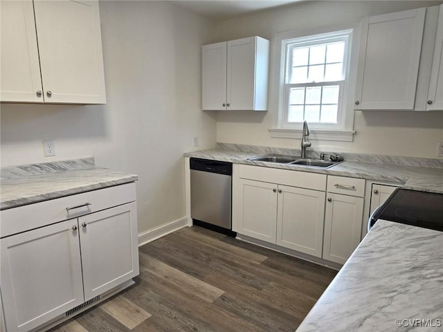 kitchen featuring sink, stainless steel dishwasher, white cabinets, and dark hardwood / wood-style flooring