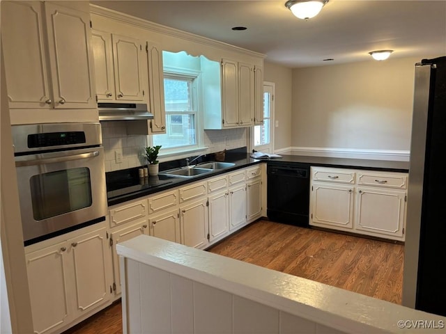 kitchen with stainless steel appliances, tasteful backsplash, sink, and hardwood / wood-style floors