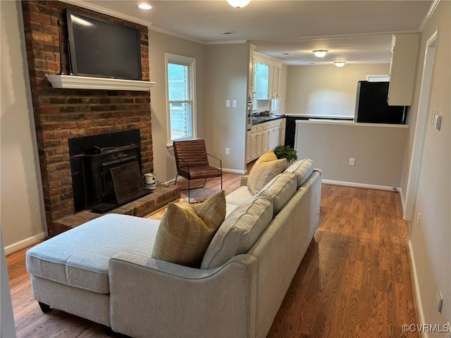 living room featuring ornamental molding, hardwood / wood-style floors, and a fireplace