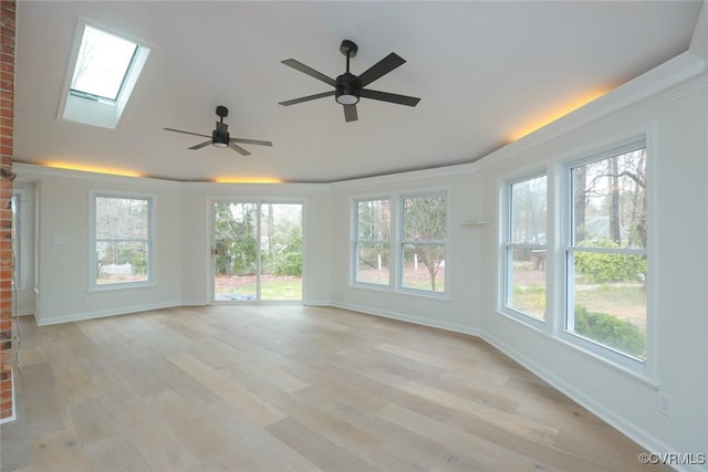 interior space featuring light wood-type flooring and a skylight