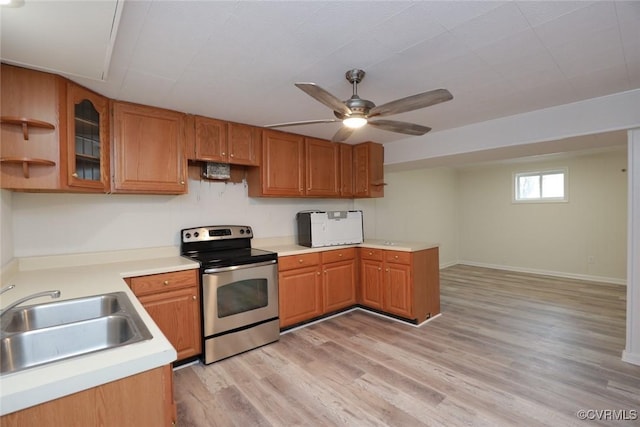 kitchen featuring ceiling fan, light hardwood / wood-style flooring, sink, and stainless steel electric stove