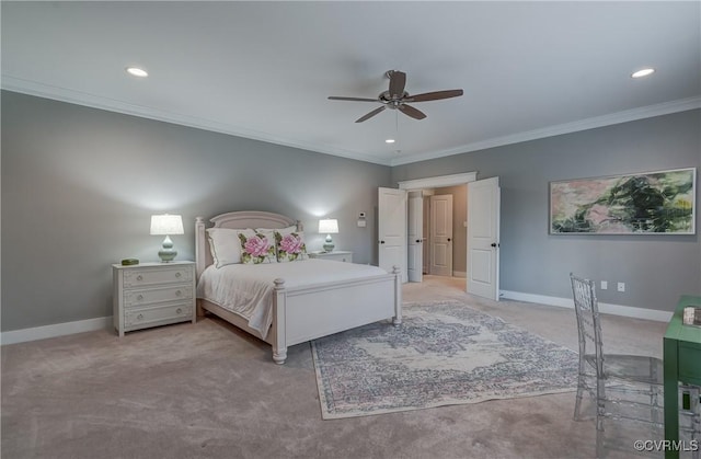 bedroom with ornamental molding, light colored carpet, and ceiling fan