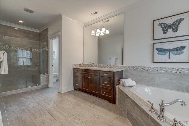 full bathroom with ornamental molding, plus walk in shower, vanity, and toilet