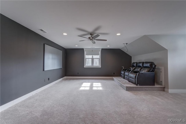 interior space featuring lofted ceiling and ceiling fan