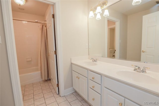 bathroom featuring vanity, shower / bathtub combination with curtain, and tile patterned flooring