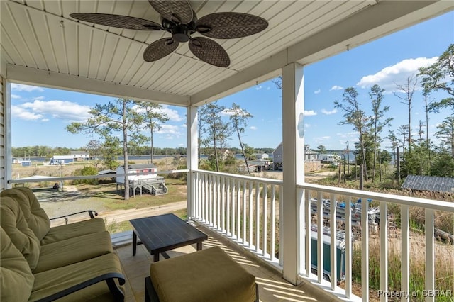 balcony with a ceiling fan