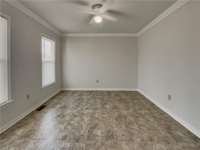 tiled empty room featuring crown molding and ceiling fan