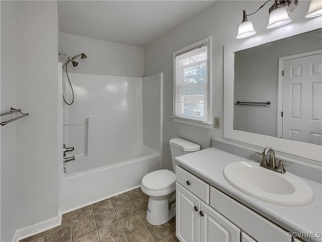 full bathroom featuring shower / bathtub combination, vanity, toilet, and tile patterned flooring