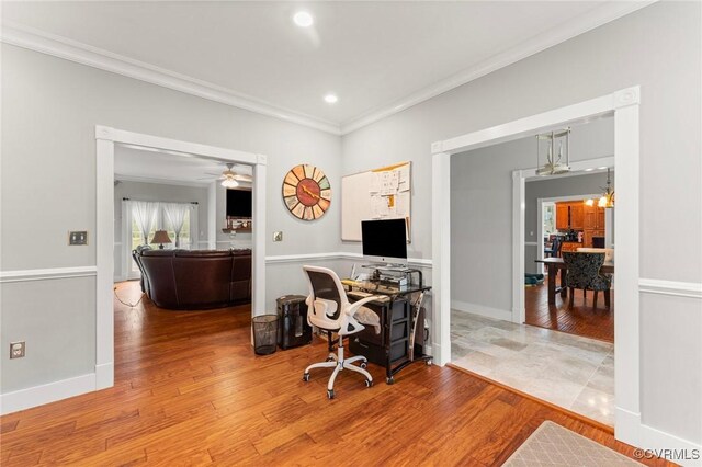 25 Cow Shed Rd, Lancaster, VA 22503 - office area featuring crown molding, wood finished floors, recessed lighting, a chandelier, and a ceiling fan