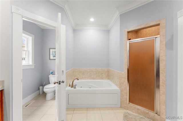 25 Cow Shed Rd, Lancaster, VA 22503 - bathroom with toilet, tile patterned flooring, ornamental molding, a stall shower, and a tub with jets