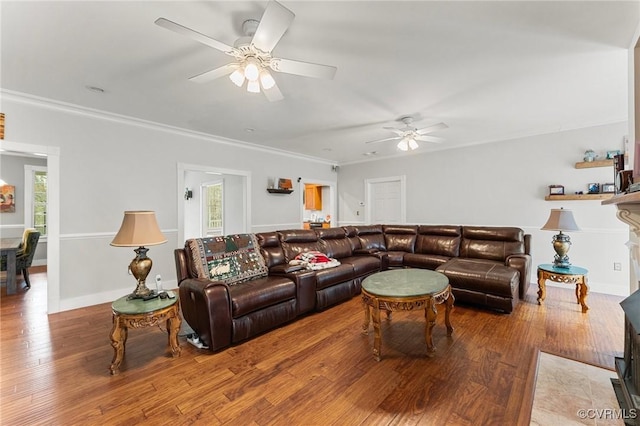 25 Cow Shed Rd, Lancaster, VA 22503 - living area featuring ceiling fan, wood finished floors, and crown molding
