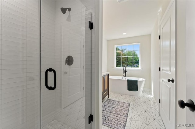 bathroom featuring tile patterned floors and plus walk in shower