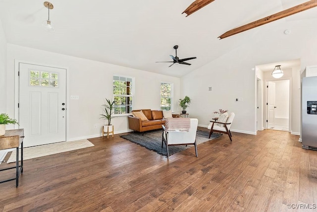 living room with hardwood / wood-style flooring, ceiling fan, high vaulted ceiling, and beamed ceiling